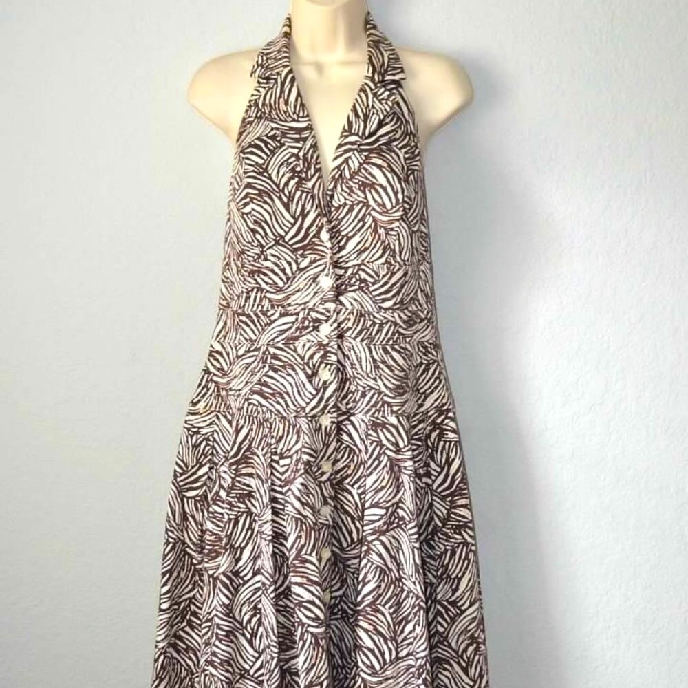 Sz 8P Madison Leigh “Ralph Lauren Look” Ivory & Brown Halter Dress